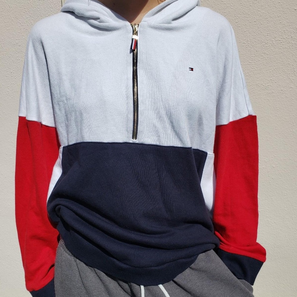 Tommy Hilfiger 1/4 Zip Color Block Sweatshirt Hoodie Size XS